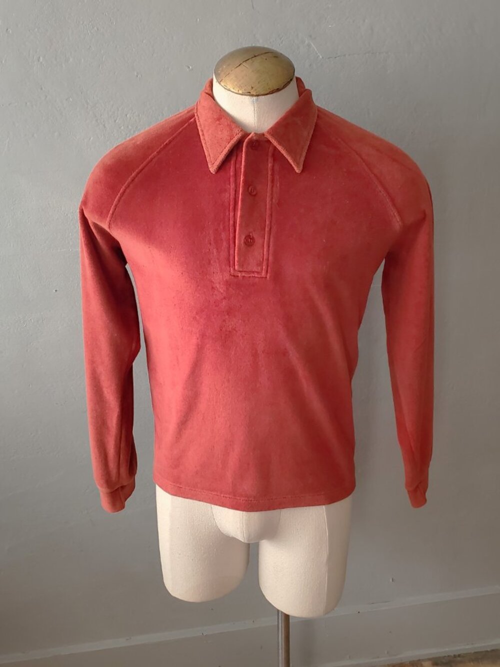 Vintage 70s Velour Polo Shirt: Rust Terry Velvet, Size 42